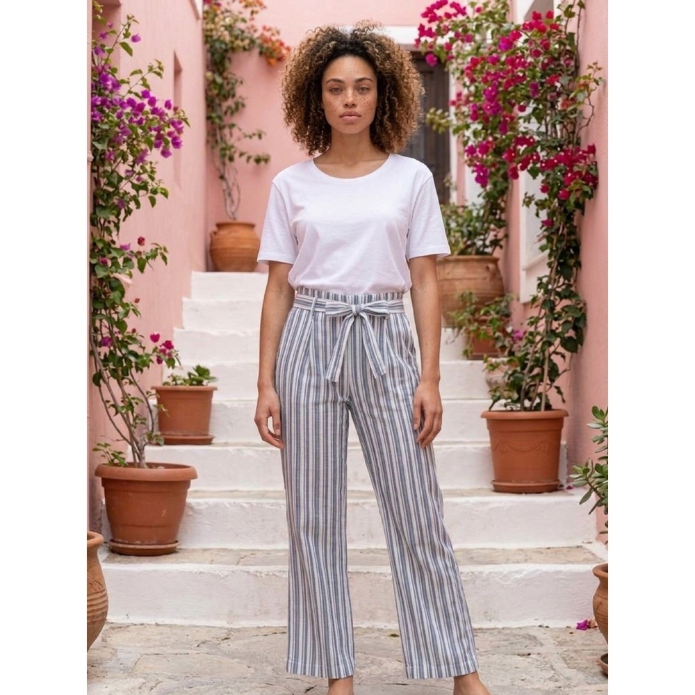 CI SONO Women's Blue & White Striped Paperbag Tie Waist Pants Pockets Straight L